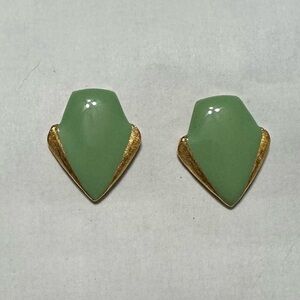 Vintage Earrings With Posts Gold Tone And Green Enamel